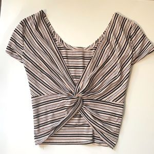 Almost Famous Striped Knot-Front Crop Top in Blush, Black & White